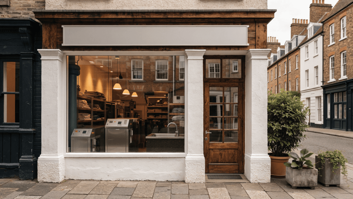 Independent high-street laundrette shopfront