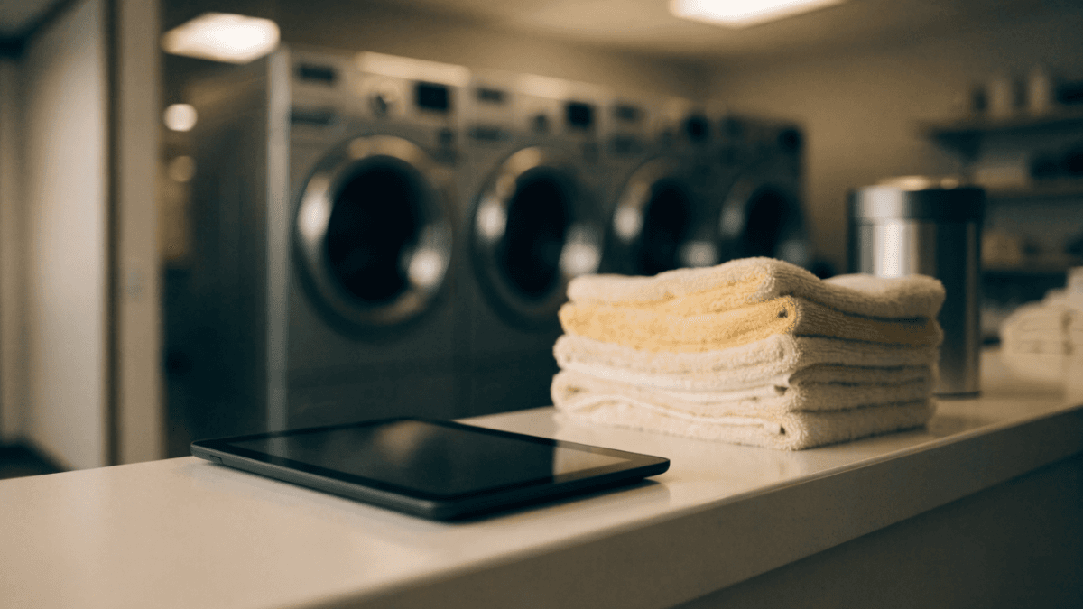 Laundrette service counter with a tablet and folded towels