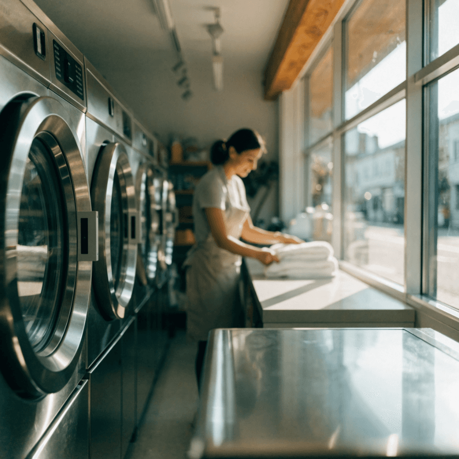 Bright laundrette interior with a staff member folding fresh towels