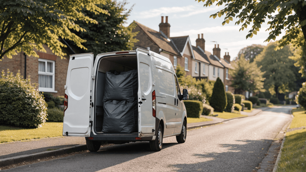 Van being loaded with reusable laundry bags on a residential street