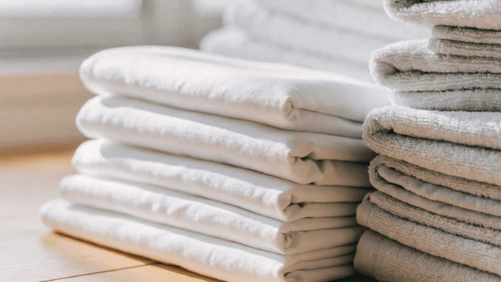 Neat stacks of freshly folded towels and linen
